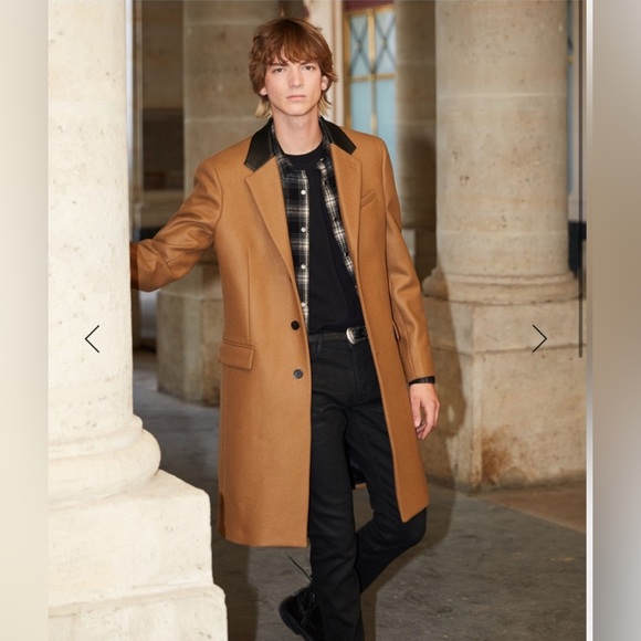 The Kooples LEATHER COLLAR CAMEL BELTED LONG WOOL COAT - size small in men’s - Picture 2 of 16